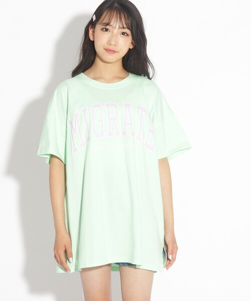 PINK-latte（ピンクラテ）の「◆カレッジロゴBIGTシャツワンピース（ワンピース・キッズ・黄緑系/ブルー/ベビーピンク/オフホワイト/ライトグリーン/ブラック・14/16/15 ）」の19枚目の写真