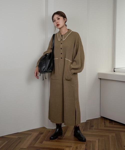 Amiur（エミレ）の「bicolor accent rib knit ops（ワンピース・レディース・ベージュ/カーキブラウン/ライトベージュ・FREE）」の15枚目の写真