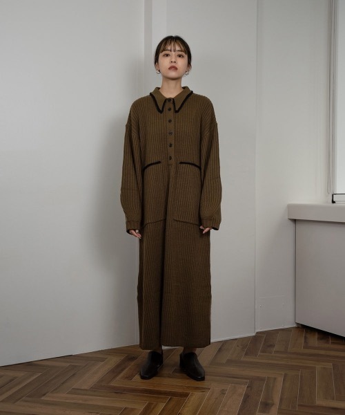 Amiur（エミレ）の「bicolor accent rib knit ops（ワンピース・レディース・ベージュ/カーキブラウン/ライトベージュ・FREE）」の19枚目の写真
