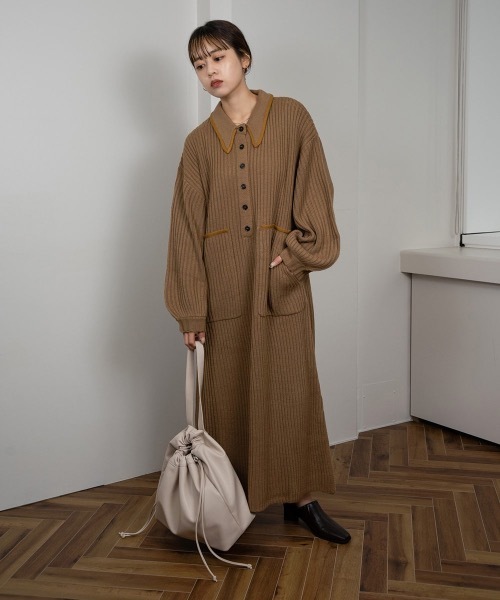 Amiur（エミレ）の「bicolor accent rib knit ops（ワンピース・レディース・ベージュ/カーキブラウン/ライトベージュ・FREE）」の10枚目の写真