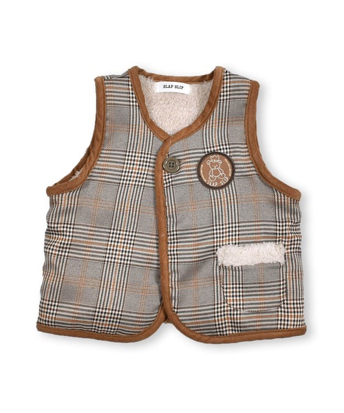SLAP SLIP BABY（スラップスリップベビー）の「SLAPSLIPBABY/チェックくまワッペンボアベストベビー(70~80cm)（ベスト・キッズ・ブラック系その他/ベージュ系その他・ONESIZE）」の2枚目の写真