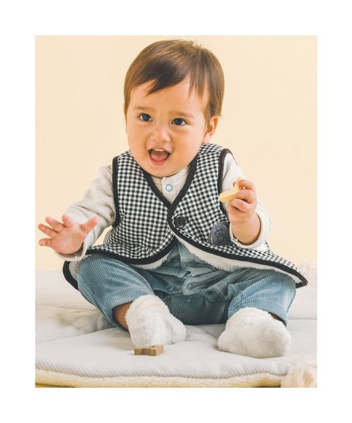 SLAP SLIP BABY（スラップスリップベビー）の「SLAPSLIPBABY/チェックくまワッペンボアベストベビー(70~80cm)（ベスト・キッズ・ブラック系その他/ベージュ系その他・ONESIZE）」の3枚目の写真
