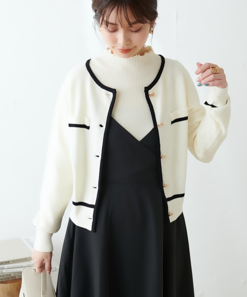 4608【美品】クルニ　レイヤードカーディガン 金ボタン　バイカラー　S 黒　白 4608【美品】クルニ レイヤードカーディガン 金ボタン バイカラー S 黒