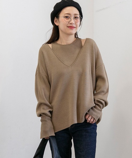 PICHI(ピイチ)の「VネックニットSET(ニット/セーター・レディース・ブラック/モカ・FREE)」の1枚目の写真