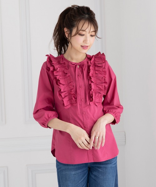 46大きいサイズ ローズティアラ 刺繍＆ビジュー♡半袖ペプラムシャツ  