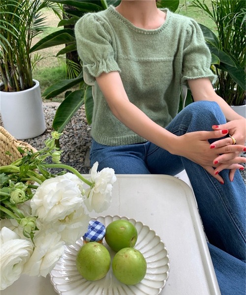 LYEON(リヨン)の「キャンディーパフスリーブ半袖ニット(ニット/セーター・レディース・ピンク/ホワイト/グリーン/イエロー/ブルー・FREE)」の14枚目の写真