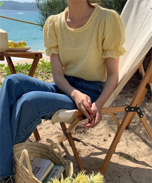 LYEON(リヨン)の「キャンディーパフスリーブ半袖ニット(ニット/セーター・レディース・ピンク/ホワイト/グリーン/イエロー/ブルー・FREE)」の13枚目の写真