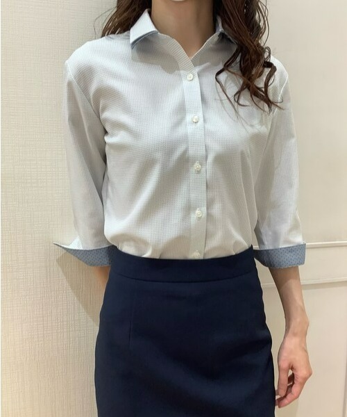TOKYO SHIRTS(トウキョウシャツ)の「形態安定ノーアイロン ワイド衿 七分袖ビジネスワイシャツ(ビジネスシャツ・レディース・ライトグリーン・LL/S/M/L/XL)」の5枚目の写真