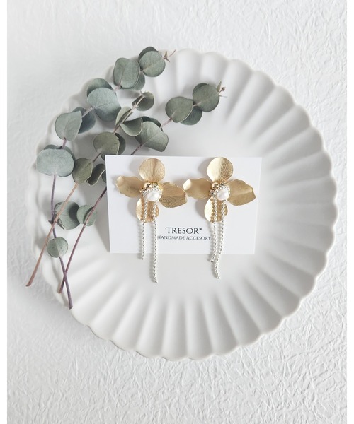 ꫛꫀꪝ✧‧˚アンティークガラスみたいなミモザのマロン＆淡水パールのピアス♥️ 桜貝みたいな一粒ガラスピアス〜pink marble〜 | 【公式ストア