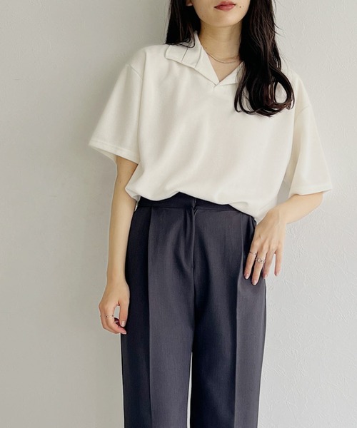ISOOK（アイスー）の「【ZOZOTOWN限定】Half sleeve over polo shirt / ハーフスリーブオーバーポロシャツ（ポロシャツ・レディース・チャコール/ホワイト・FREE）」の2枚目の写真