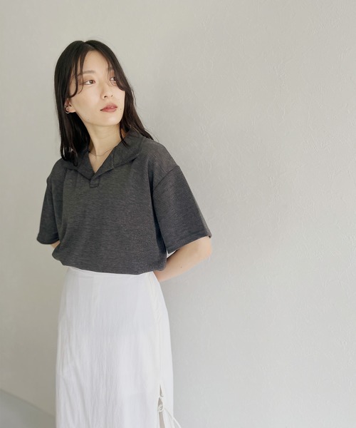 ISOOK（アイスー）の「【ZOZOTOWN限定】Half sleeve over polo shirt / ハーフスリーブオーバーポロシャツ（ポロシャツ・レディース・チャコール/ホワイト・FREE）」の22枚目の写真