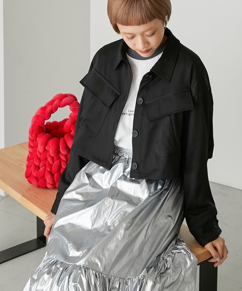 forksy.(フォルクシー)の「【forksy.】ファティーグクロップドシャツジャケット(ミリタリージャケット・レディース・ブラック/チャコール・FREE)」の3枚目の写真