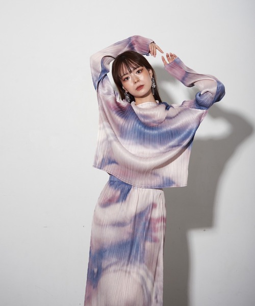 セットアップ プリーツ カットソー スリム 8color 韓国 c344 ニュアンス柄プリーツトップス セットアップ可能(Tシャツ