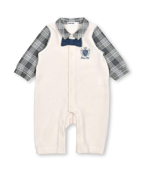 SLAP SLIP BABY(スラップスリップベビー)の「チェック柄シャツ蝶ネクタイ付ベストドッキング風ロンパースベビー(60~80cm)(ロンパース・キッズ・ブラウン/オフホワイト・70cm/80cm/60cm)」の2枚目の写真