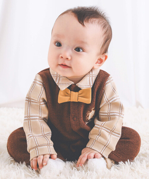 SLAP SLIP BABY(スラップスリップベビー)の「チェック柄シャツ蝶ネクタイ付ベストドッキング風ロンパースベビー(60~80cm)(ロンパース・キッズ・ブラウン/オフホワイト・70cm/80cm/60cm)」の3枚目の写真
