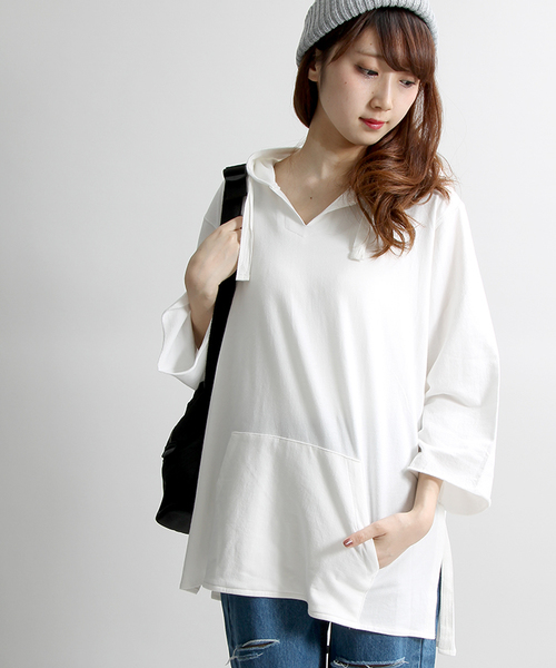 WEGO（ウィゴー）の「WEGO/5分袖カットオフプルパーカー（パーカー・メンズ・ホワイト/カーキ・MEDIUM/LARGE）」の11枚目の写真