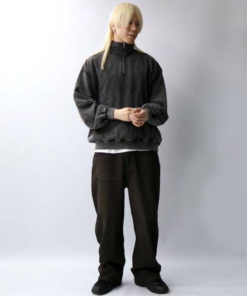 セール】硫化染め ダメージ加工 ハーフジップ プルオーバー