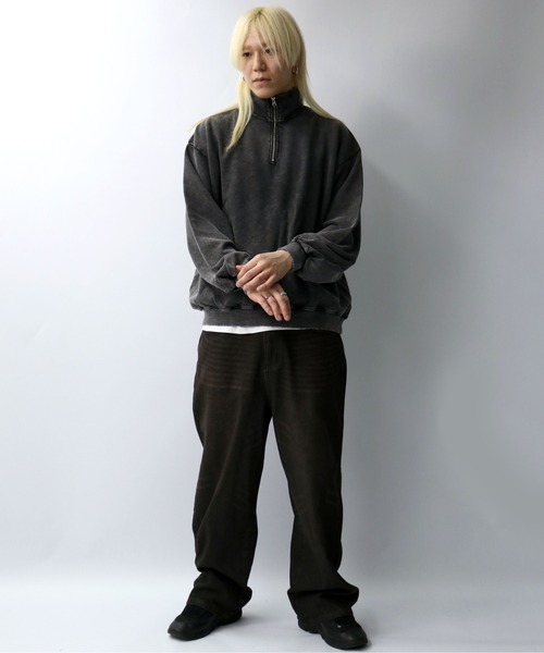 セール】硫化染め ダメージ加工 ハーフジップ プルオーバー/ピグメント