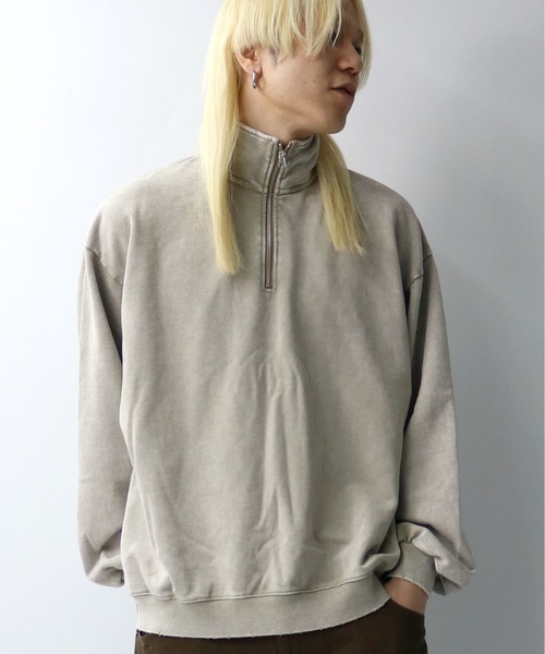 03SS STONE  製品染めハーフジップスウェット 硫化染め ダメージ加工 ハーフジップ プルオーバー/ピグメント