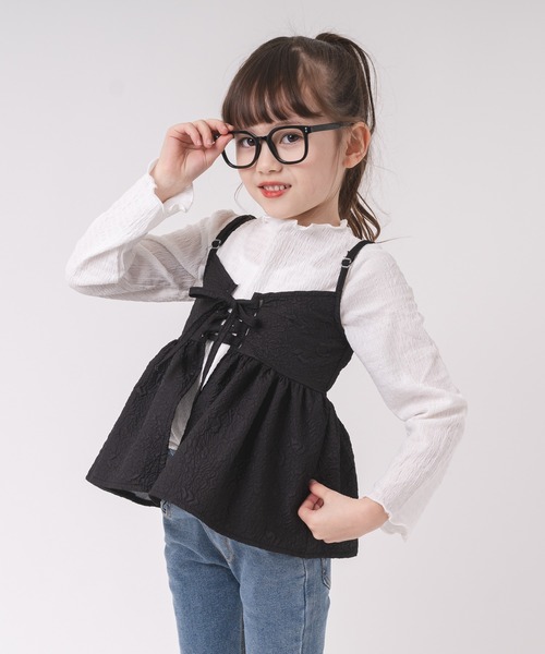 URBAN CHERRY（アーバンチェリー）の「【前後2way】レースアップジャガードキャミチュニック（キャミソール・キッズ・ブラック/アイボリー/ブルー・110cm/120cm/130cm/140cm/150cm）」の2枚目の写真