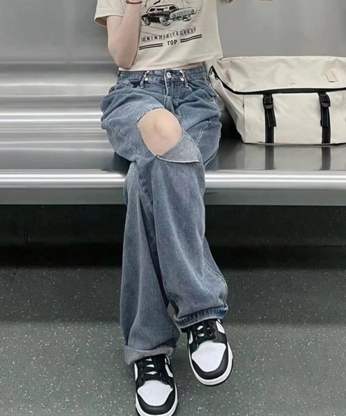 Miniministore（ミニミニストア）の「デニムパンツ ダメージ ジーンズ 春夏秋（デニムパンツ・レディース・ブルー・L/XL/M）」の4枚目の写真