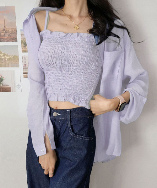 VIVID LADY(ビビッドレディー)の「シアーオーバーサイズシャツ+シャーリングキャミソール セットアイテム 全5色(シャツ/ブラウス・レディース・ブラック/スカイブルー/パープル/ベージュ/ピンク/アイボリー・FREE)」の5枚目の写真