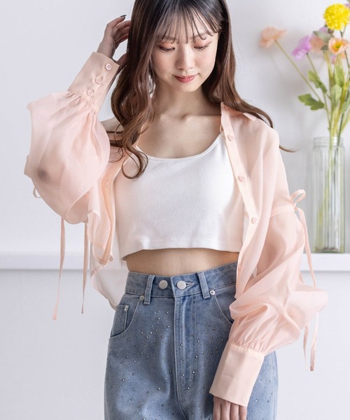 clear(クリア)の「リボン付きショート丈シアーシャツ(シャツ/ブラウス・レディース・ピンク/オフホワイト/グレー/サックスブルー/ライトベージュ/ブルーグレー・F)」の15枚目の写真