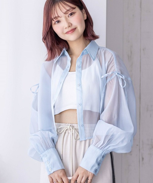 clear(クリア)の「リボン付きショート丈シアーシャツ(シャツ/ブラウス・レディース・ピンク/オフホワイト/グレー/サックスブルー/ライトベージュ/ブルーグレー・F)」の13枚目の写真