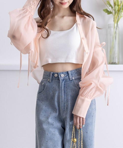 clear(クリア)の「リボン付きショート丈シアーシャツ(シャツ/ブラウス・レディース・ピンク/オフホワイト/グレー/サックスブルー/ライトベージュ/ブルーグレー・F)」の14枚目の写真