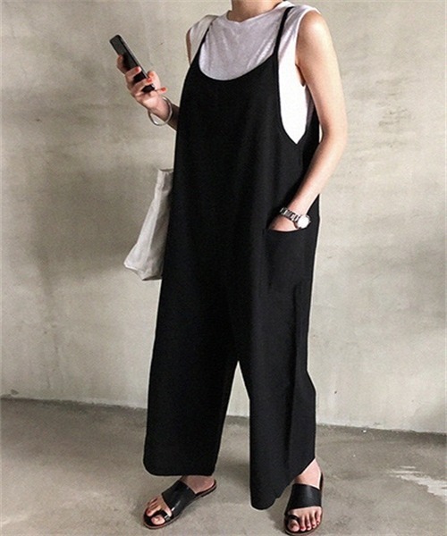 FREE STYLISTS(フリー スタイリスト)の「ゆったりサイズ サロペットワイドパンツ(サロペット/オーバーオール・レディース・ブラウン/ブラック・FREE)」の10枚目の写真