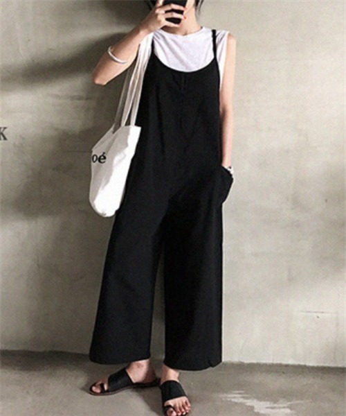 FREE STYLISTS(フリー スタイリスト)の「ゆったりサイズ サロペットワイドパンツ(サロペット/オーバーオール・レディース・ブラウン/ブラック・FREE)」の6枚目の写真