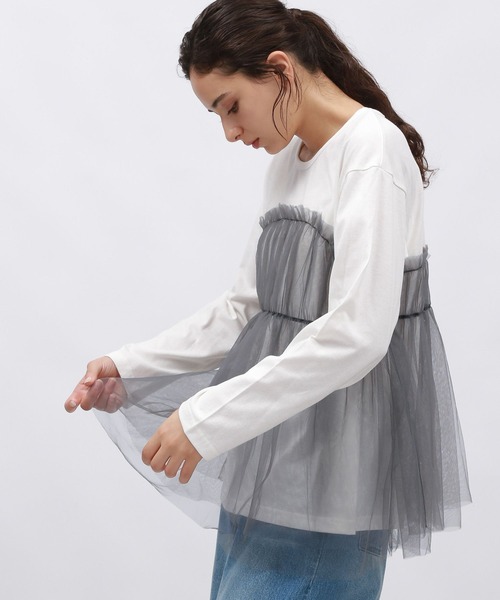 LAKOLE(ラコレ)の「チュールドッキング長袖T / 150979(Tシャツ/カットソー・レディース・ブラック/ベージュ/グレー・FREE)」の1枚目の写真