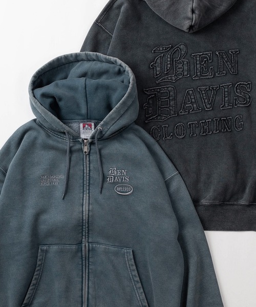 BEN DAVIS(ベンデイビス)の「【BEN DAVIS/ベンデイビス】ブランドネーム ワンポイント刺繍&バック BIGワッペンロゴ デザイン ヴィンテージ加工 ダブルジップパーカー/ フーディ(パーカー・メンズ・ネイビー/ブラック/カーキ・M/L/XL)」の1枚目の写真