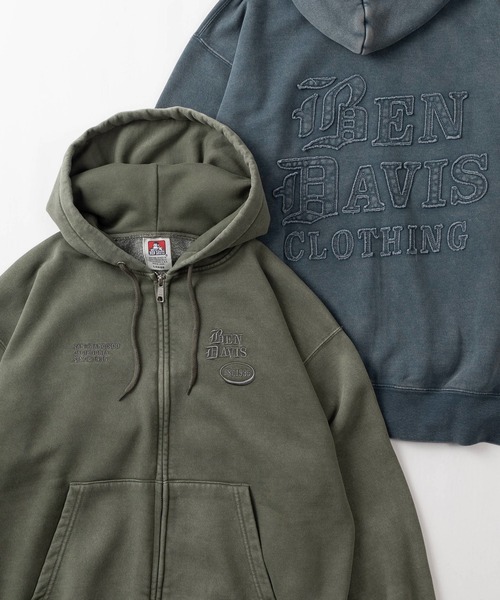 BEN DAVIS(ベンデイビス)の「【BEN DAVIS/ベンデイビス】ブランドネーム ワンポイント刺繍&バック BIGワッペンロゴ デザイン ヴィンテージ加工 ダブルジップパーカー/ フーディ(パーカー・メンズ・ネイビー/ブラック/カーキ・M/L/XL)」の3枚目の写真
