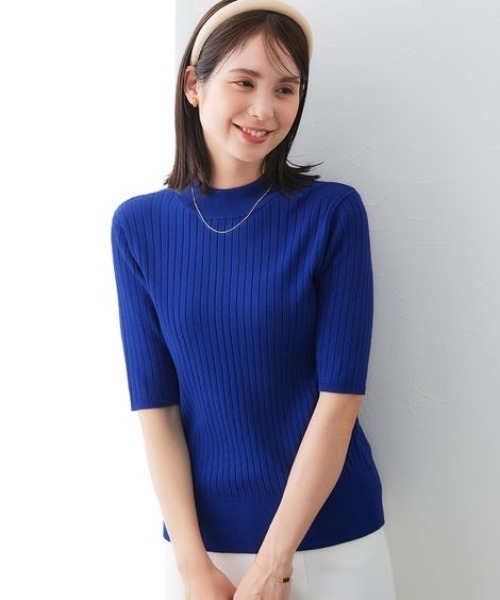 7days Life Styling(セブンデイズライフスタイリング)の「5分袖ワイドリブニット(静電防止・毛玉になりにくい・UVカット・タンブル乾燥OK)(ニット/セーター・レディース・ベージュ/グリーン系/レッド/ブラック/杢グレー/ブルー・S/M/L/LL/3L/4L)」の5枚目の写真