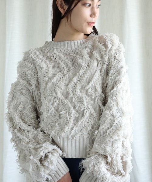 aimoha（アイモハ）の「フリンジジャガードニット（ニット/セーター・レディース・グレー/ブラック/ブルー/ベージュ・MEDIUM）」の3枚目の写真