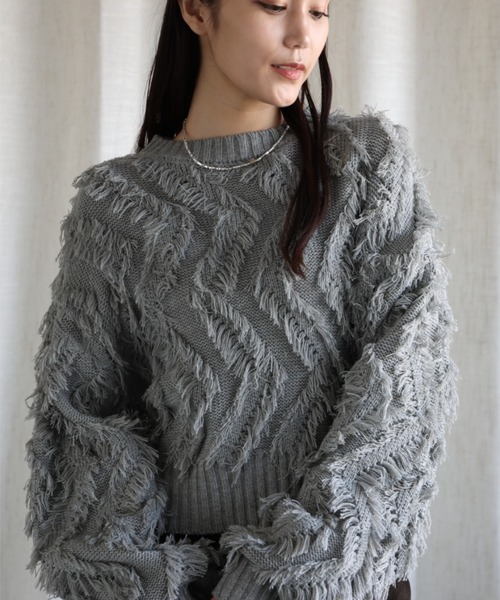 aimoha（アイモハ）の「フリンジジャガードニット（ニット/セーター・レディース・グレー/ブラック/ブルー/ベージュ・MEDIUM）」の2枚目の写真