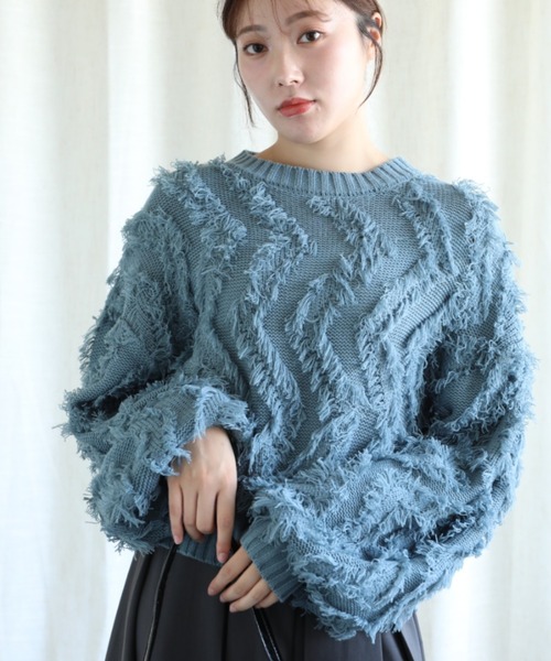 aimoha（アイモハ）の「フリンジジャガードニット（ニット/セーター・レディース・グレー/ブラック/ブルー/ベージュ・MEDIUM）」の4枚目の写真