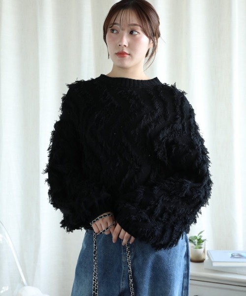 aimoha（アイモハ）の「フリンジジャガードニット（ニット/セーター・レディース・グレー/ブラック/ブルー/ベージュ・MEDIUM）」の5枚目の写真