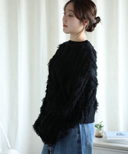 aimoha（アイモハ）の「フリンジジャガードニット（ニット/セーター・レディース・グレー/ブラック/ブルー/ベージュ・MEDIUM）」の6枚目の写真