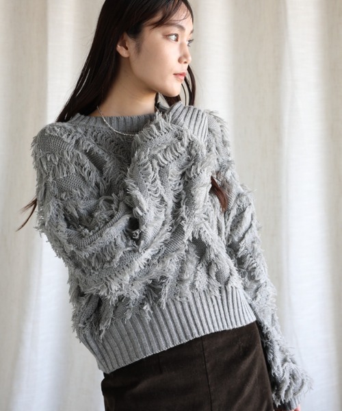 aimoha（アイモハ）の「フリンジジャガードニット（ニット/セーター・レディース・グレー/ブラック/ブルー/ベージュ・MEDIUM）」の11枚目の写真