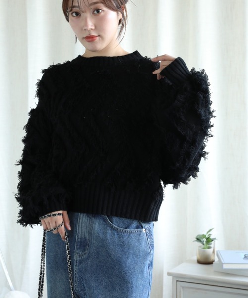 aimoha（アイモハ）の「フリンジジャガードニット（ニット/セーター・レディース・グレー/ブラック/ブルー/ベージュ・MEDIUM）」の7枚目の写真