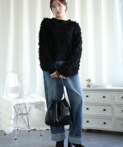 aimoha（アイモハ）の「フリンジジャガードニット（ニット/セーター・レディース・グレー/ブラック/ブルー/ベージュ・MEDIUM）」の8枚目の写真