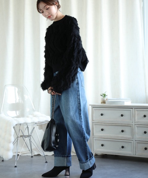 aimoha（アイモハ）の「フリンジジャガードニット（ニット/セーター・レディース・グレー/ブラック/ブルー/ベージュ・MEDIUM）」の9枚目の写真