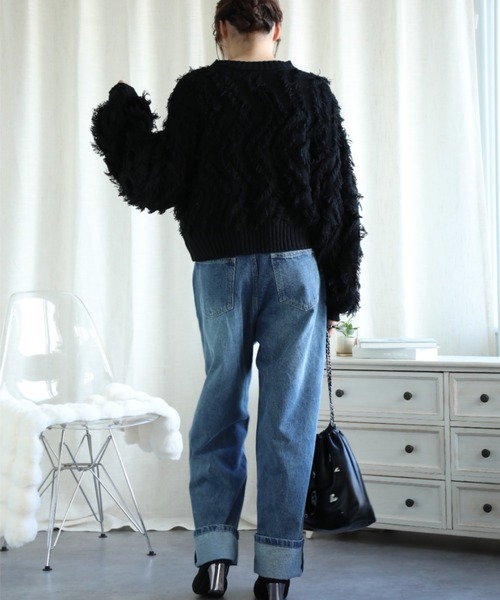 aimoha（アイモハ）の「フリンジジャガードニット（ニット/セーター・レディース・グレー/ブラック/ブルー/ベージュ・MEDIUM）」の10枚目の写真