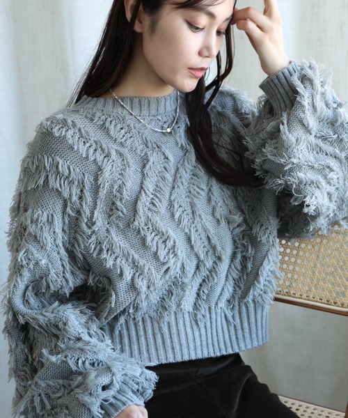 aimoha（アイモハ）の「フリンジジャガードニット（ニット/セーター・レディース・グレー/ブラック/ブルー/ベージュ・MEDIUM）」の16枚目の写真