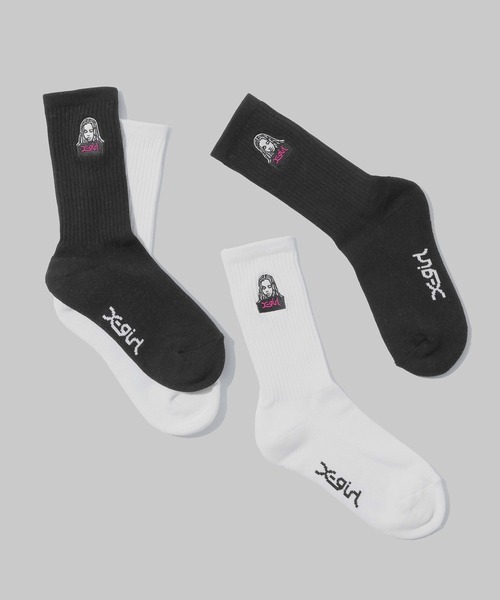 X-girl（エックスガール）の「FACE EMBROIDERY RIB SOCKS（ソックス/靴下・レディース・ホワイト/ブラック・ONE SIZE）」の3枚目の写真