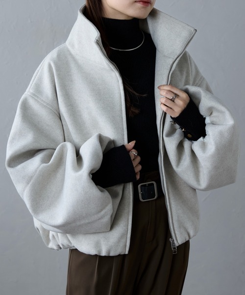 セール】フェイクウールボリューム袖ショートジャケット(ブルゾン セール】フェイクウールボリューム袖ショートジャケット(ブルゾン