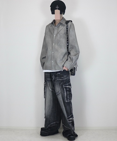 Loose シャツ リングピアス 合皮シャツジャケット メンズ