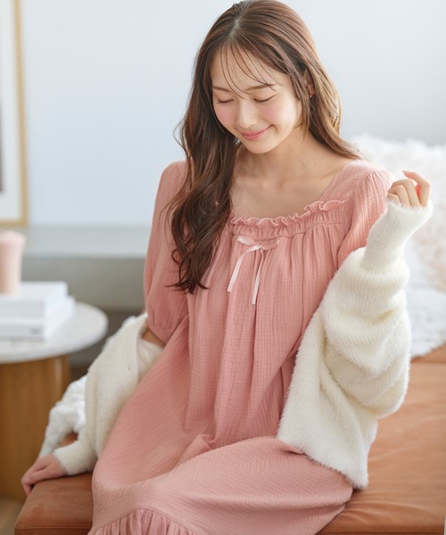 セール】【綿100％/カップ付】Wガーゼ湯上りワンピース（ルームウェア